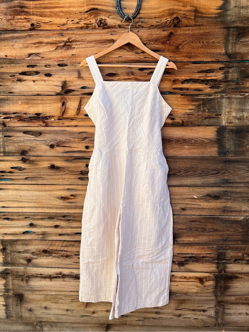DKNY | Cream Linen Cotton Blend Striped Square-Neck Jumpsuit Romper L